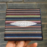 Authentic Real True Stingray Skin Women Short Striped Trifold Wallet Genuine Leather Female Card Holders Lady Small Clutch Purse