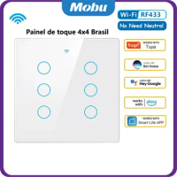 Tuya Wifi Smart Touch Switch Light Brazil 4*4 No Neutral Wire 4/6 Gang RF433 Remote On Off Light Smart Life Alexa Google Home