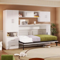 Twin Size Murphy Bed with Open Shelves and Storage Drawers,Built-in Wardrobe and Table,Multipurpose Design,space-saving