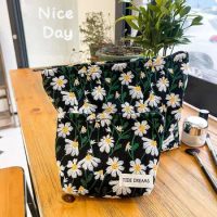 Floral Daisy Makeup Bag Canvas Korean Style Embroidered Cosmetic Bag Handbag Large Capacity Jacquard Storage Bag Student