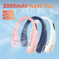2000mAh Neck Fan Portable Bladeless Mute Cooler 5 Speed Summer Sports Running Mini Neck Fan Outdoor Fans Neckband LED Display