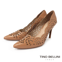 【TINO BELLINI 貝里尼】巴西進口牛皮簍空花紋尖頭高跟鞋FWET007(棕)