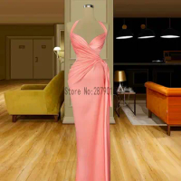 Simple Pink Halter Evening Dresses Straight Ruched Floor Length Satin Evening Gowns Formal Female Dress
