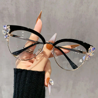 REYNEE Oversized Cat-Eye Glasses for Women & Men - Rhinestone-Adorned Black Frames, Full-Rim Round F