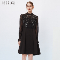 JESSICA - 甜美珠片花卉蕾絲拼接雪紡透膚長袖洋裝233Z74（黑）