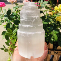 Natural Quartz Crystal Selenite Tower Lotus Lamp Gypsum Castle Reiki Healing Home Decor Mineral Specimen