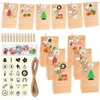 24sets Merry Christmas Advent Calendar Gift Bags Santa Claus Snowman Kraft Paper Bag Xmas Party Decor Candy Cookie Packing Bags