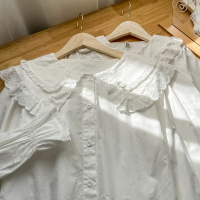 100%純棉長袖白襯衫女新款秋冬法式氣質娃娃領內襯女士上衣