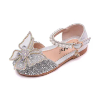 Summer Girls Sandals Sequins Rhinestone Bow Girls Princess Shoes Baby Girl Shoes Flat Heel Sandals Girls Party Wedding Shoes