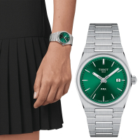 TISSOT 天梭 官方授權 PRX系列 70年代復刻石英女錶 520送禮推薦-綠/35mm T1372101108100