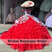 Mexican Red and White Quinceanera Dress 2024 Ball Gown Red Flowers Appliques Beading Crystals Tired Ruffles Sweet 16 Dress