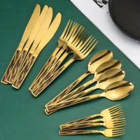 Jaswehome Western Flatware Set 410SS Shiny Gold Steak Knife Dinner Fork Spoon Gold Dinnerware Utensils Set