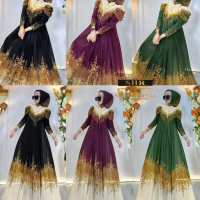 Gamis princes shr printing bunga teratai COD Muslim Wanita Dress Maxi Mewah Lebaran Dewasa Syari