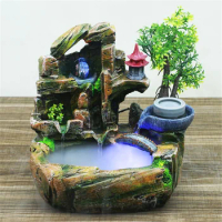 Fountain Waterfall Indoor with Fish Tank Fog Home Decor Ornaments Water Fountain Feng Shui Resin Rockery Led Ball Crafts Gifts