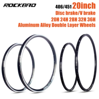 ROCKBAO Folding Bicycle Rim 406/451 Double-layer Aluminum Alloy 20inch Disc brake V brake 20 24 28 32 36hole Schrader Valve Bik