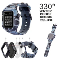 For Apple Watch 42mm 44mm Band Case Set Outdoors Camouflage Silicone Waterproof Cover For iWatch Series 5 4 3 2 Strap Bracelet
