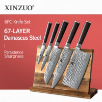 XINZUO 6PCS Chef Knife Set Damascus Stainless Steel Knives Sets Magnetic Knife Holder Hot Sale Kitchen Tool Cutter Meat Knivesn
