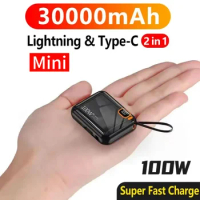 100W Portable 30000mah Power Bank Detachable USB to TYPE C Cable Two-way Fast Charger Mini Powerbank for iPhone Xiaomi Samsung