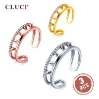 CLUCI 3pcs 925 Sterling Silver Rose Gold Zircon Ring for Women Silver 925 Pearl Ring Mounting Adjustable Ring Jewelry SR2237SB