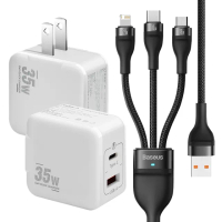 【VOORCA】精裝1C+1A孔35W氮化鎵充電器白+倍思 閃速二100W 一出三快速充電線120cm