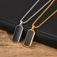 Hiphop Men Stainless Steel Black Square Rectangle Pendant Tag Charms Box Link Chains DIY Name Necklace Fashion Jewelry