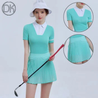 DK Women Patchwork Slim Golf T-shirt Short Sleeve Polo Shirt Ladies Pleated Pencil Skirt Quick Dry Elegant Golf Skort Suits