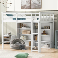 Twin Size Loft Bed,Multi-functional Kids bed w/ 8 Open Storage Shelves &amp; Built-in Ladder,Storage Loft Bed for Kids youth bedroom