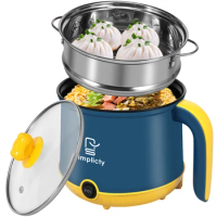 Hot Pot Electric with Steamer 1.8L Ramen Cooker Non-Stick Frying Pan Electric Cooker with Dual Power Control Boil Dry Protection