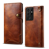 Genuine Leather Wallet Case for Samsung Galaxy S21 Ultra Cute Cover S21Ultra Pouch with Pocket and Hand Strap