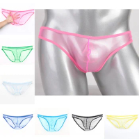 Men's Sexy Low Waist Ultra-Thin Mesh Transparent Underwear Large Size Briefs See Through Sissy Men Panties With U Convex Bag
