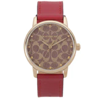 【COACH】GRAND 金框X卡其滿版LOGO錶盤紅色皮革錶帶手錶