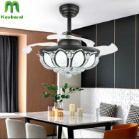 42 Inch Black Lotus Lyxury Crystal Ceiling Fan with Lights and Remote Control 3 Colors Changes Variable Frenquency DC Motor