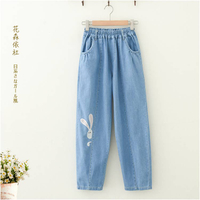韓版可愛小兔子刺繡牛仔褲女森系中學生寬松直筒褲女褲子春裝新款