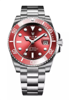 LIGE LIGE AUTOMATIC 中性潛水員不銹鋼自動上鍊手錶，紅色旋轉表圈，鋼錶鍊上的紅色錶盤