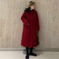 氣質新年紅呢子大衣女中長款新款寬松百搭長袖毛呢外套女顯瘦1入