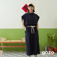 【gozo】涼感廓形襯衫式長洋裝附腰帶(兩色)