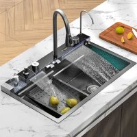 Style Kitchen Sink Stainless Steel Sink Single Slot Waterfall Sink Large Nano Multifunction Wash Basin Modern Bowl Dishwasher
