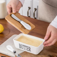 Ceramic Butter Dish with Bamboo Cover Butter Container with Stainless Knife Butter Storage Box Cheese Trays Kitchen Accessories