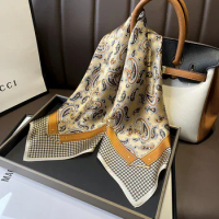 New Thin Stitching Cashew Flower Houndstooth Brown Mulberry Silk Square Scarf Bag Decoration for Women