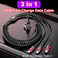 3 In 1 66W 5A Fast Charging Data Cable Spring Car Charger For iPhone Xiaomi POCO Huawei Honor OPPO Samsung Phone Accessories