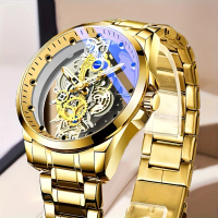 Men's Watch, Double-Sided Hollow Transparent, Steel Band / Leather Strap, Shiny Quartz Movement, Men