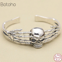 Solid Silver colour 925 Gothic Skull Cuff Bangle Bracelet Men Vintage Punk Style Real 925 Sterling Silver Mens Jewelry
