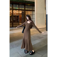 Designed Slim Fit Long Sleeve Coffee Dress for Women, Autumn Waist-Cinching Bodycon Dress, Mermaid D