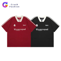 Crush Fashion Bordir Vintaj Amerika Polo Lengan Pendek Longgar untuk Lelaki Sut Lumba Streetwear Baj