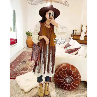 Bohemian Vest (suede fabric) : เสื้อกั๊กคลุมโบฮีเมียนแต่งพู่ยาว ผ้าหนังกลับ​ ถักขอบข้างรอบตัว​ชายพู่
