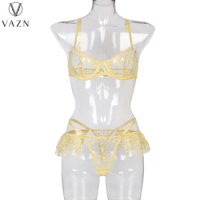 VAZN 2022 New See Through Lace Sexy Lingerie Bikini Set Young Open Metal Chain + 2 Piece Underwears Skinny Women 3 Piece Sets