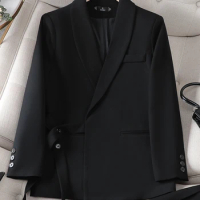 Yitimuceng Prink Black Blazer for Women Autumn Winter 2023 New Long Sleeve Bandage Casual Jacket Elegant Office Ladies Coats