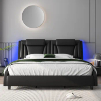 King Size Bed Frame with Adjustable LED Headboard, Pu Leather Platform Beds, Modern Upholstered Bed Frame