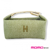 【Hermes 愛馬仕】小款 帆布 手提包/收納袋/化妝包(灰綠色)