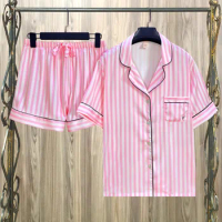 Summer Pajama Sets for Women Short Pink Striped Ice Silk Smart Soft for Women Home Suit Clothing Sleepwear Sets Wholesale